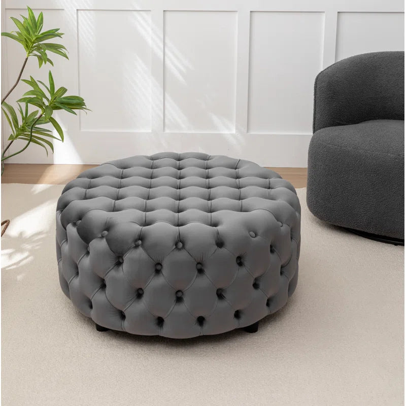 ADOUER WOOD Solid Wood Leg Tufted Design Upholstered Ottoman/Pouffe Without Storage