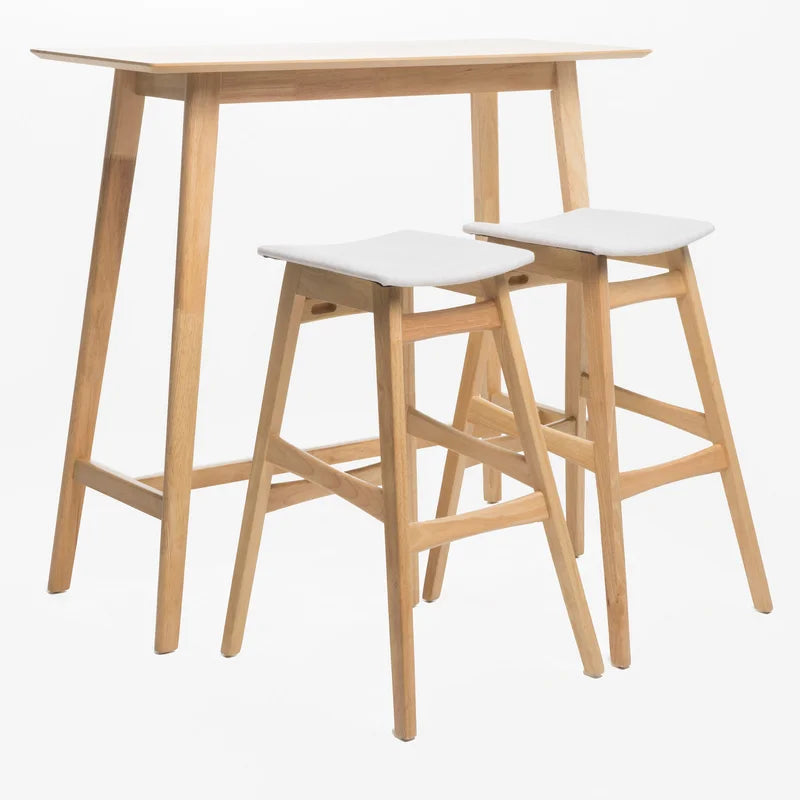 Adouer Wood "Modern Wooden Bar Table Set with Two Stools - Natural Finish, White Seats"