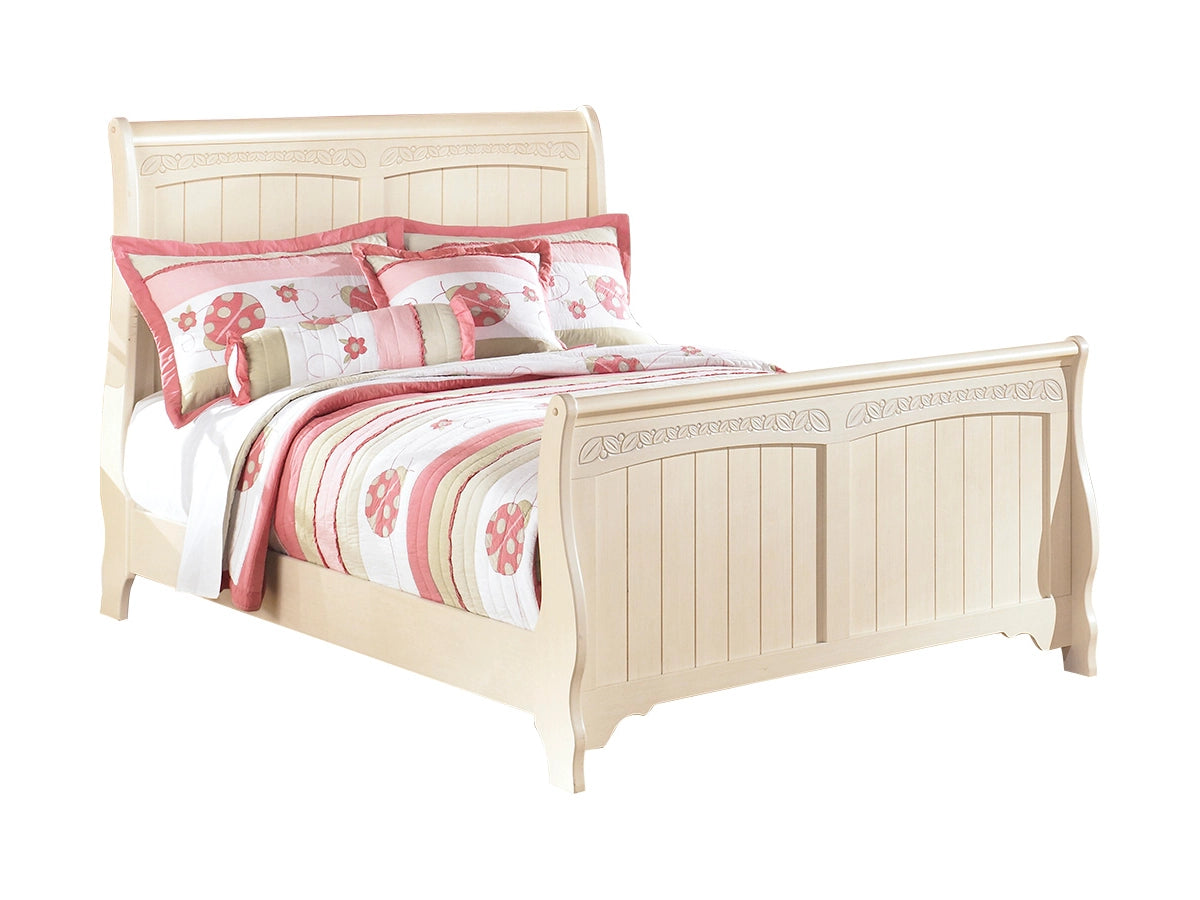 Adouer Wood "Elegant Cream Solid Sheesham Wooden Sleigh Bed with Carved Floral Details – Classic Bedroom Furniture"