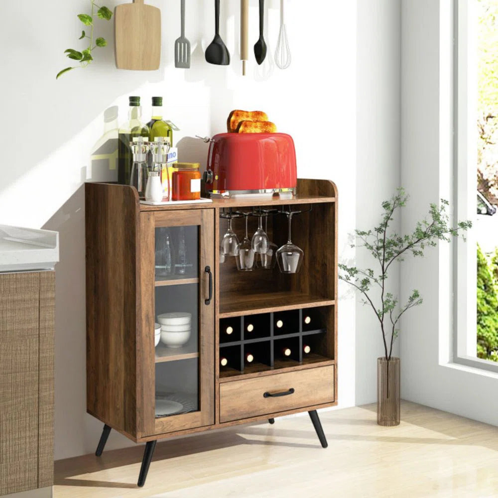 Adouer Wood Modern Solid Sheesham Wooden Wine Bar Cabinet, Wine Rack With Storage Drawer