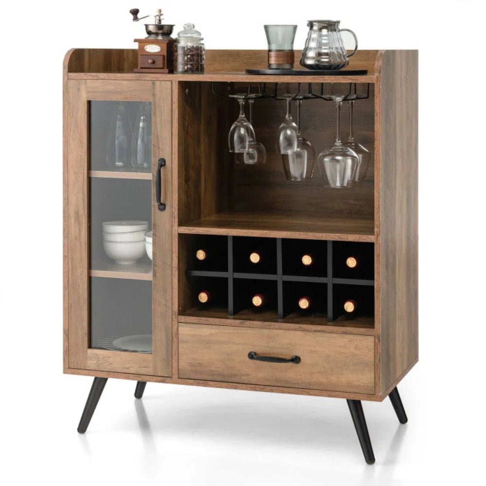 Adouer Wood Modern Solid Sheesham Wooden Wine Bar Cabinet, Wine Rack With Storage Drawer