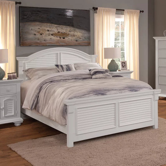 Adouer Wood "Coastal White Solid Sheesham Wooden Bed Frame with Louvered Panels and Arched Headboard"