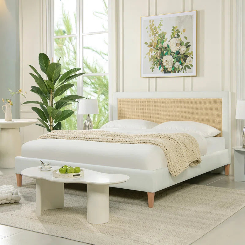 ADOUER WOOD Solid Wood Vintage Rattan Cane Bed –White Finish