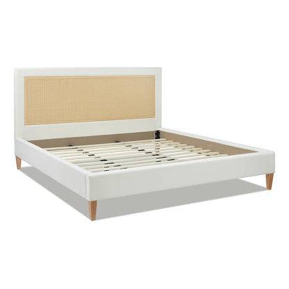 ADOUER WOOD Solid Wood Vintage Rattan Cane Bed –White Finish