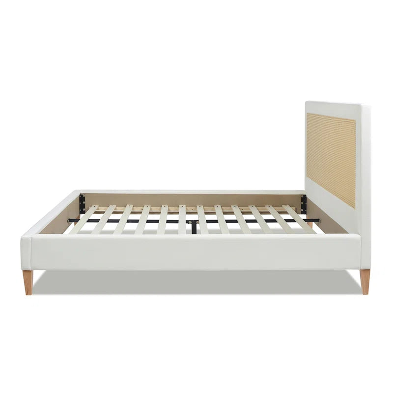 ADOUER WOOD Solid Wood Vintage Rattan Cane Bed –White Finish