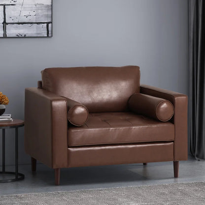 ADOUER WOOD Classic Design With Tufted Backrest Solid Wood Frame Brown Leatherette Fabric Sofa With Bolsters