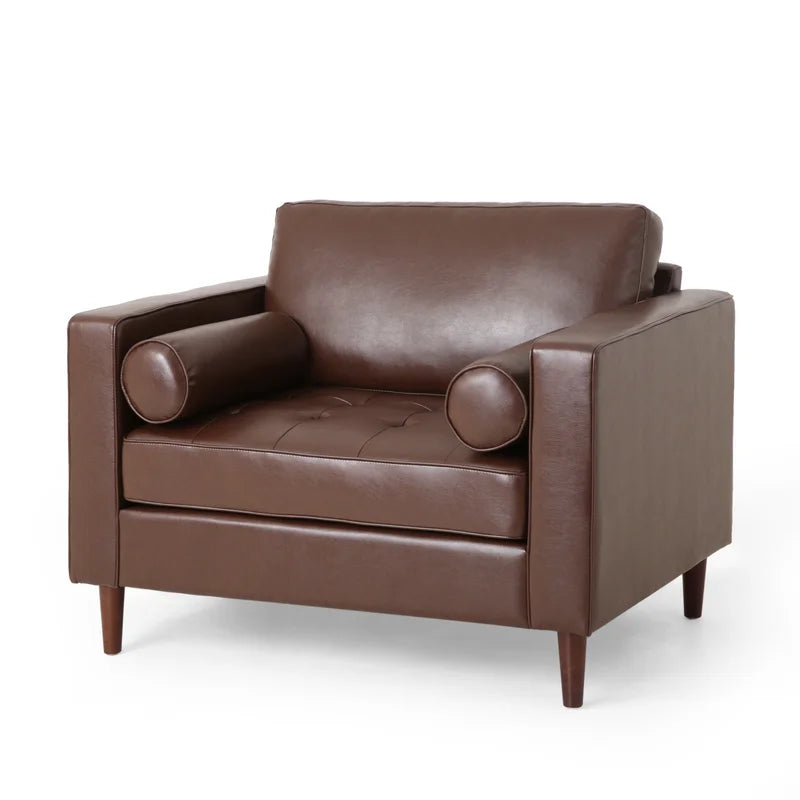 ADOUER WOOD Classic Design With Tufted Backrest Solid Wood Frame Brown Leatherette Fabric Sofa With Bolsters