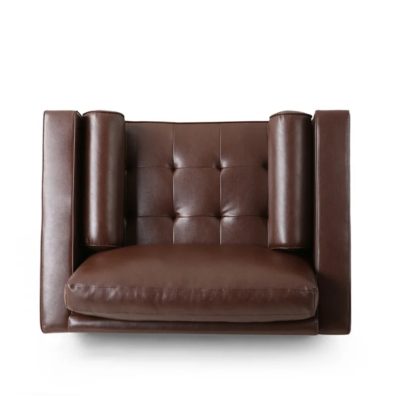 ADOUER WOOD Classic Design With Tufted Backrest Solid Wood Frame Brown Leatherette Fabric Sofa With Bolsters