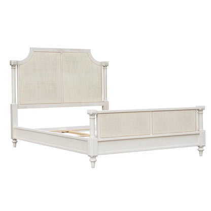 ADOUER WOOD Solid Acacia Wood Vintage Luxury White Classic Rattan Cane Bed, Without Storage