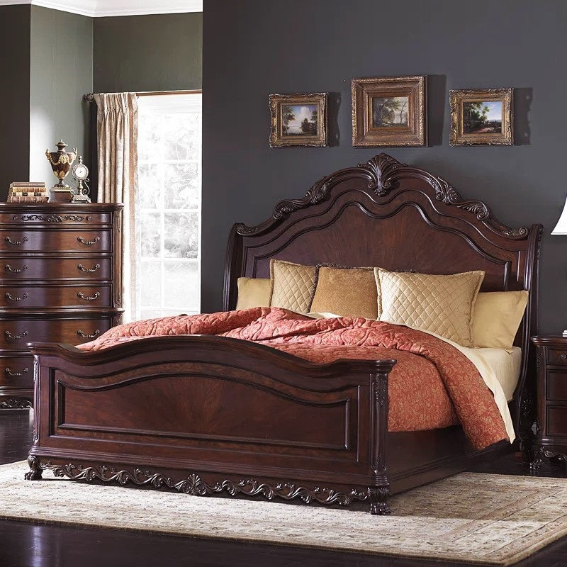 ADOUER WOOD Solid Sheesham Wood Royal Carving  Bed Without Storage For Bedroom (Walnut)