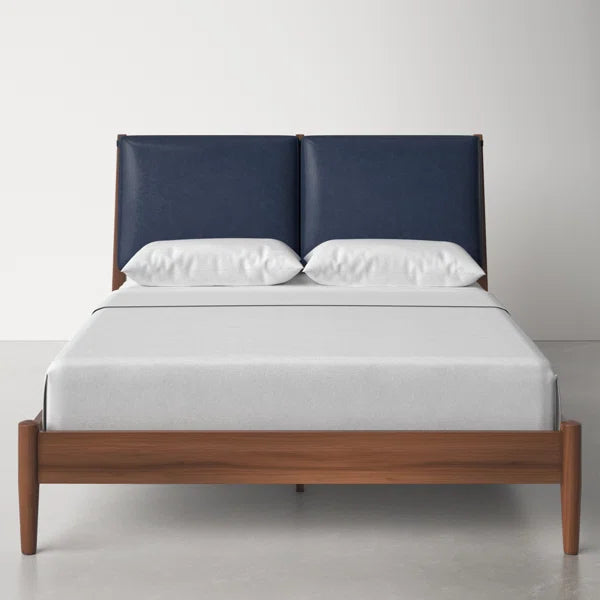 Adouer Wood "Modern Walnut Solid Sheesham Bed Frame with Navy Blue Upholstered Headboard"