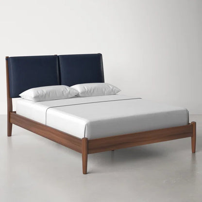 Adouer Wood "Modern Walnut Solid Sheesham Bed Frame with Navy Blue Upholstered Headboard"