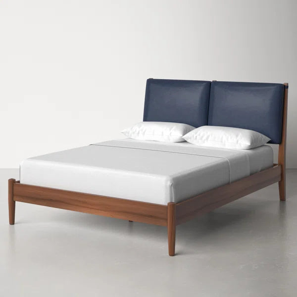 Adouer Wood "Modern Walnut Solid Sheesham Bed Frame with Navy Blue Upholstered Headboard"