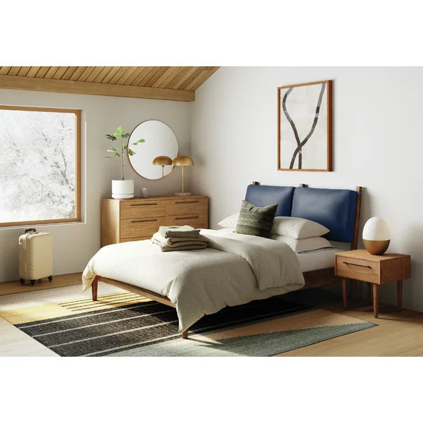 Adouer Wood "Modern Walnut Solid Sheesham Bed Frame with Navy Blue Upholstered Headboard"