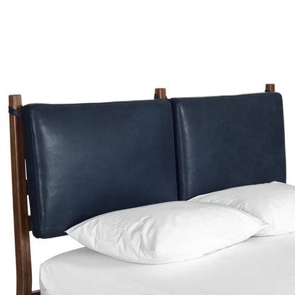 Adouer Wood "Modern Walnut Solid Sheesham Bed Frame with Navy Blue Upholstered Headboard"