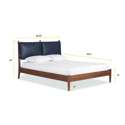 Adouer Wood "Modern Walnut Solid Sheesham Bed Frame with Navy Blue Upholstered Headboard"