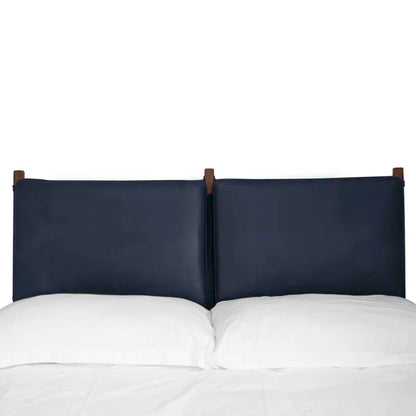 Adouer Wood "Modern Walnut Solid Sheesham Bed Frame with Navy Blue Upholstered Headboard"