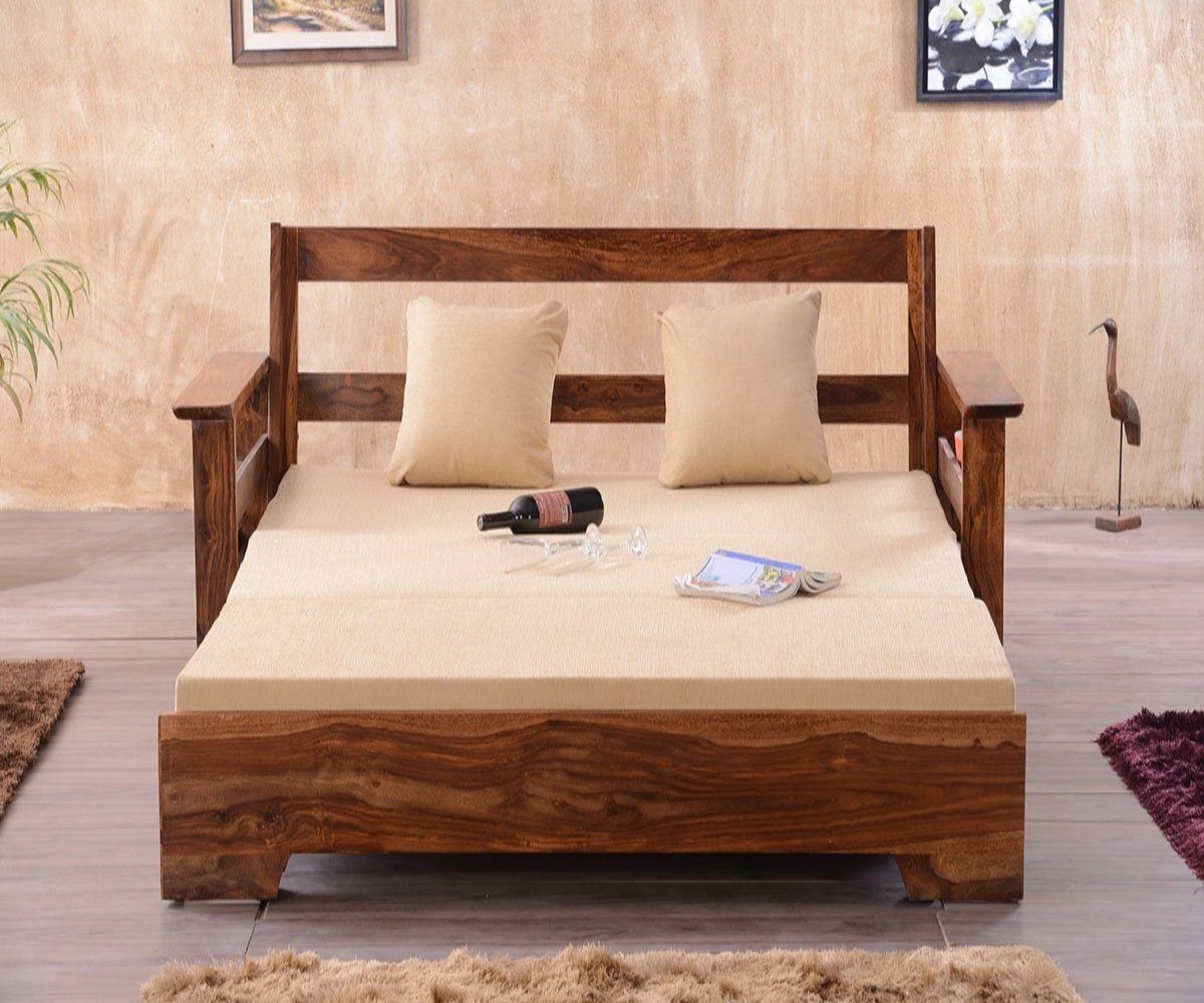 ADOUER WOOD Solid Sheesham Wood Traditional Honey Finish Sofa Cum Bed