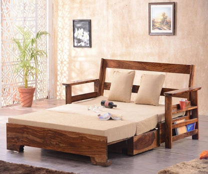 ADOUER WOOD Solid Sheesham Wood Traditional Honey Finish Sofa Cum Bed