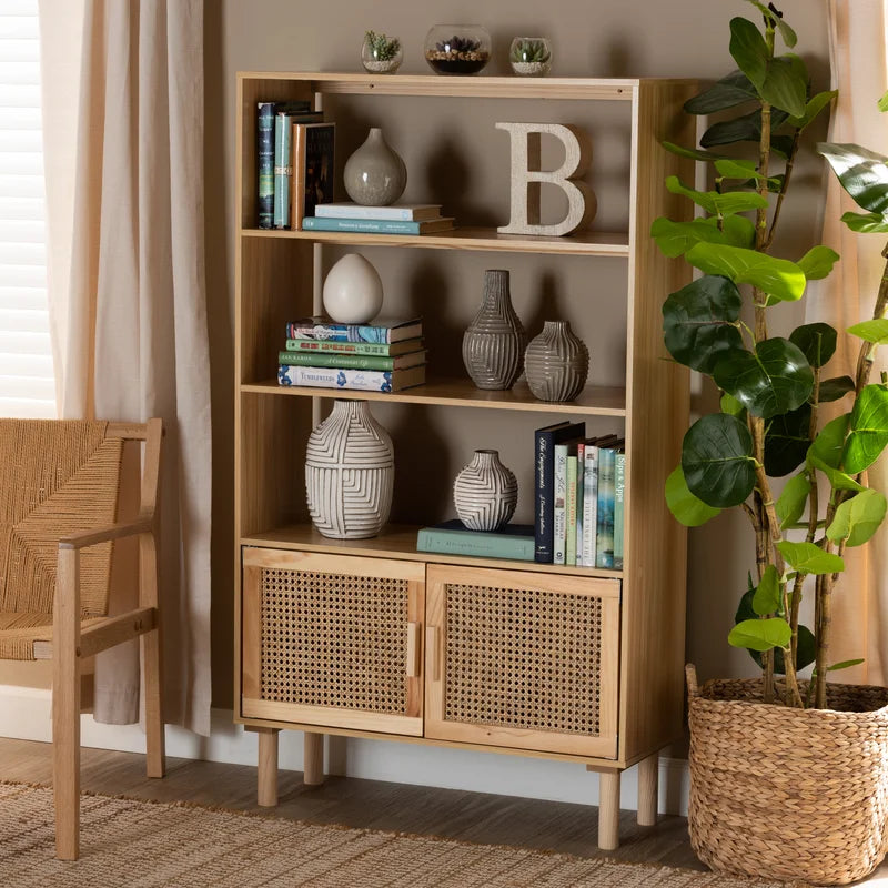 ADOUER WOOD Solid Acacia Wood Natural Rattan Cane Bookshelf For Home