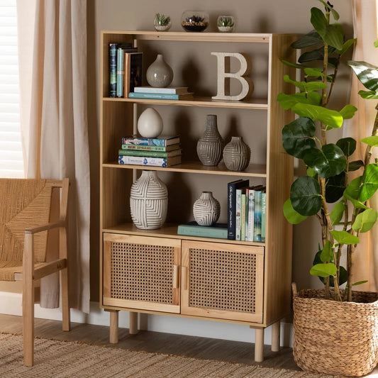 ADOUER WOOD Solid Acacia Wood Natural Rattan Cane Bookshelf For Home