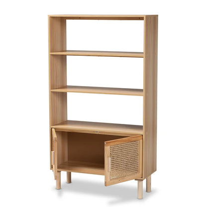 ADOUER WOOD Solid Acacia Wood Natural Rattan Cane Bookshelf For Home