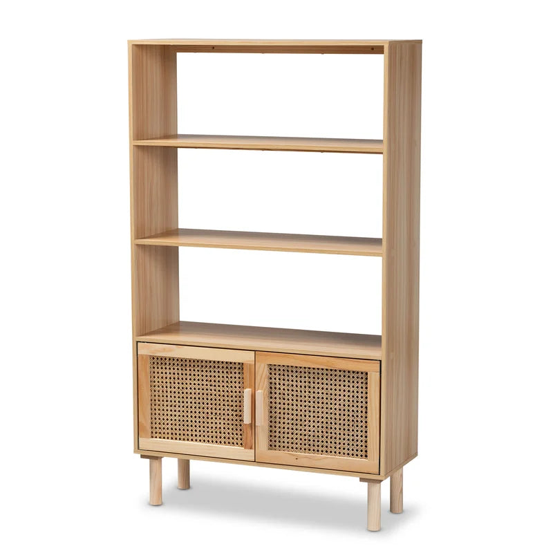 ADOUER WOOD Solid Acacia Wood Natural Rattan Cane Bookshelf For Home