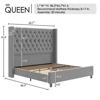 ADOUER WOOD Royal High Back Solid Wood Bed Frame Upholstered Bed, Without Storage