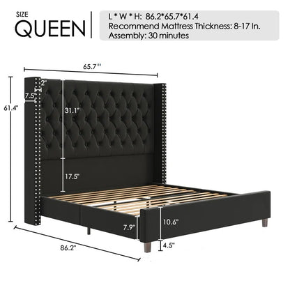 ADOUER WOOD Royal High Back Solid Wood Bed Frame Upholstered Bed, Without Storage