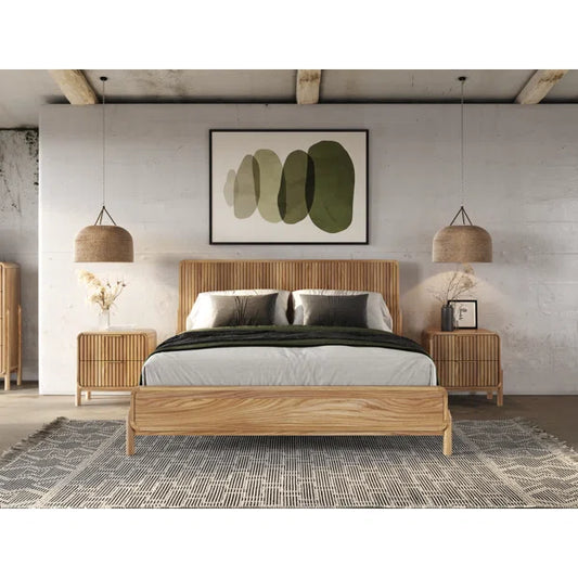 Adouer Wood "Modern Scandinavian Solid Wood Platform Bed with Slatted Headboard and Neutral Design"