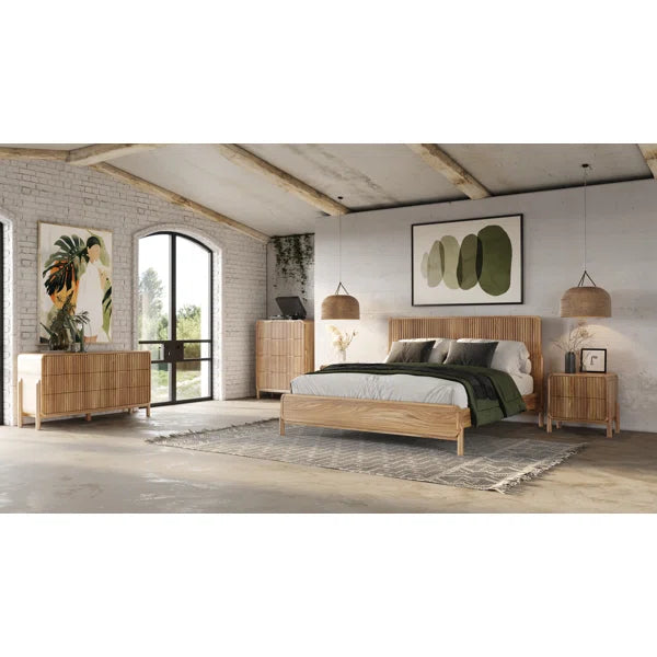 Adouer Wood "Modern Scandinavian Solid Wood Platform Bed with Slatted Headboard and Neutral Design"