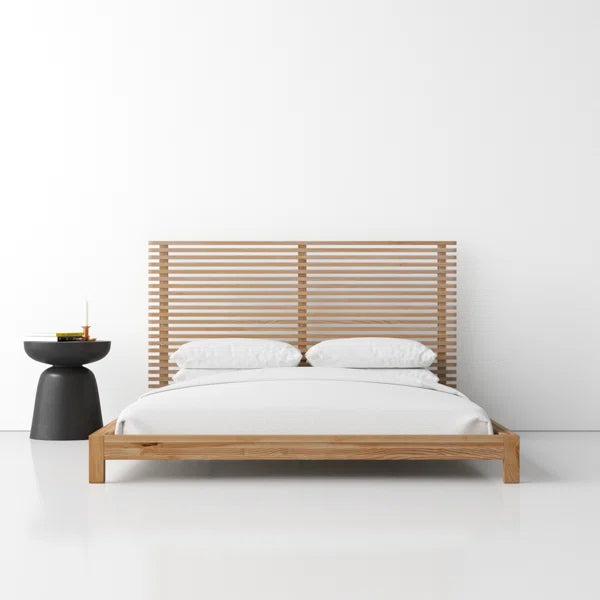 Adouer Wood "Modern Solid Sheesham Wood Bed with Grooved Headboard – Natural Finish"