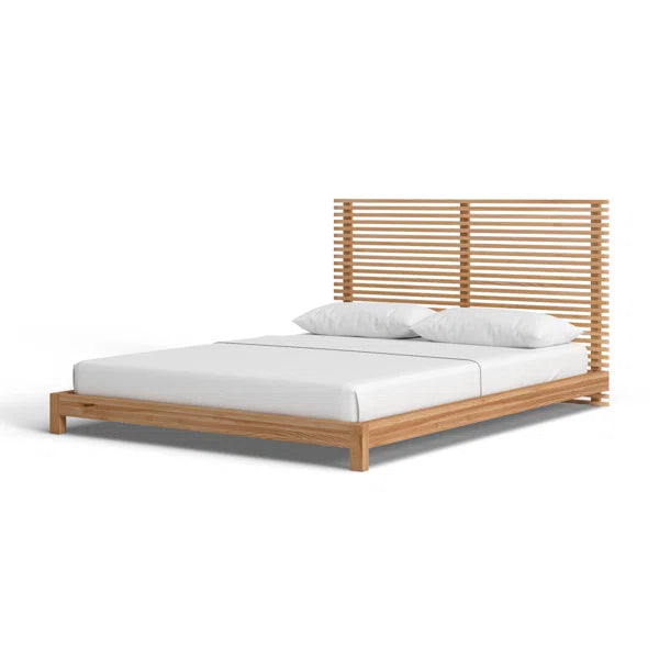 Adouer Wood "Modern Solid Sheesham Wood Bed with Grooved Headboard – Natural Finish"