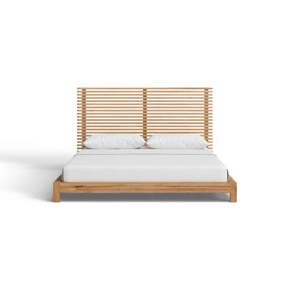 Adouer Wood "Modern Solid Sheesham Wood Bed with Grooved Headboard – Natural Finish"