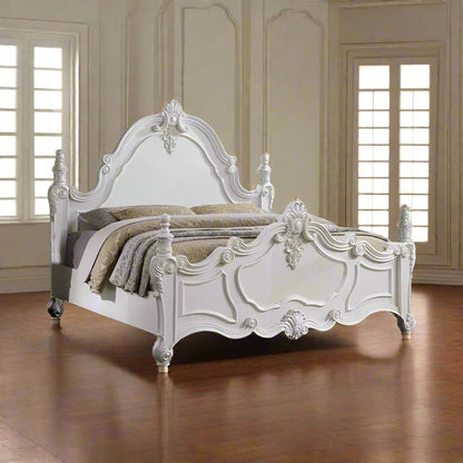 ADOUER WOOD Luxury Maharaja Hand Carving Solid Sheesham Wood White Designer Bed Without Storage For Bedroom