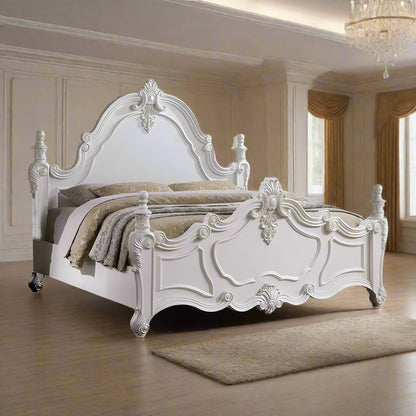 ADOUER WOOD Luxury Maharaja Hand Carving Solid Sheesham Wood White Designer Bed Without Storage For Bedroom