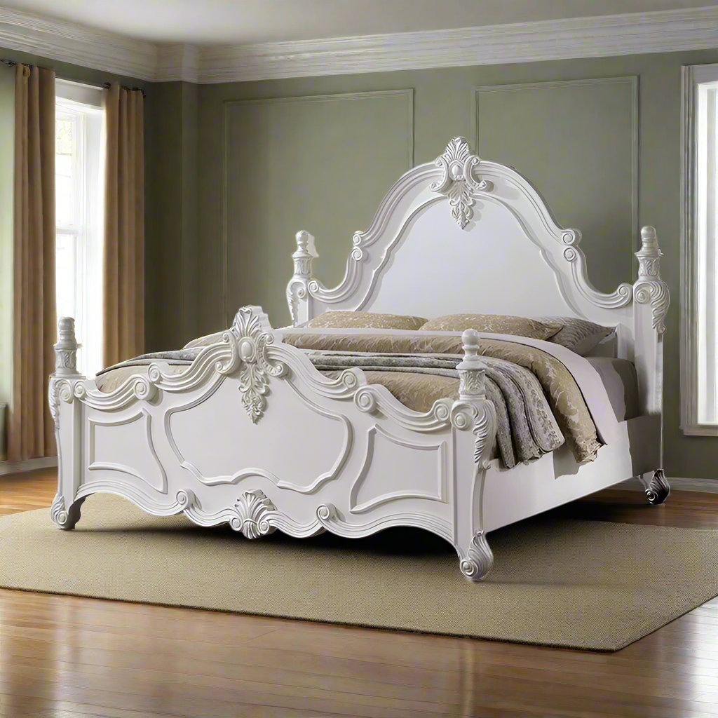 ADOUER WOOD Luxury Maharaja Hand Carving Solid Sheesham Wood White Designer Bed Without Storage For Bedroom