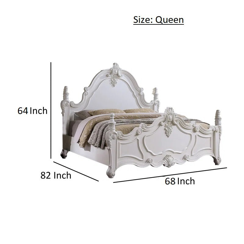 ADOUER WOOD Luxury Maharaja Hand Carving Solid Sheesham Wood White Designer Bed Without Storage For Bedroom