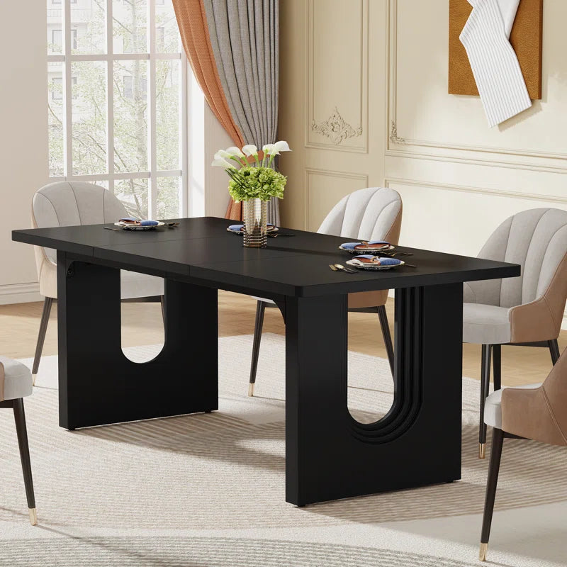 ADOUER WOOD "Modern Solid Sheesham Wood Black Rectangular Dining Table with Sleek Arch Base Design"