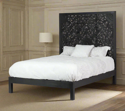 ADOUER WOOD Solid Sheesham Wood Luxuries Hand Carving Long Headboard Bed, Without Storage