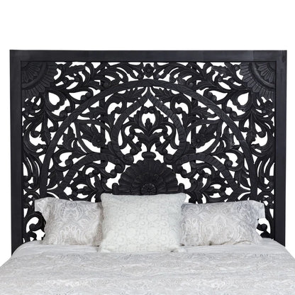 ADOUER WOOD Solid Sheesham Wood Luxuries Hand Carving Long Headboard Bed, Without Storage