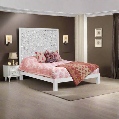 ADOUER WOOD Solid Sheesham Wood Luxuries Hand Carving Long Headboard Bed, Without Storage