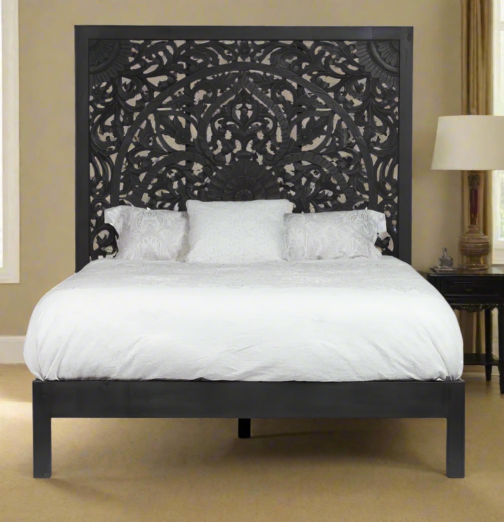 ADOUER WOOD Solid Sheesham Wood Luxuries Hand Carving Long Headboard Bed, Without Storage