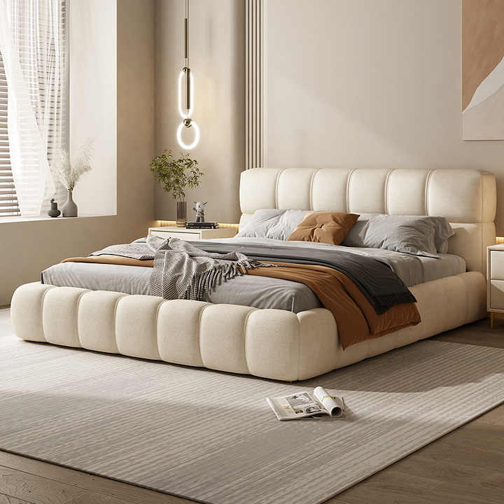 ADOUER WOOD "Luxurious Cream Cotton Upholstered Platform Bed with Tufted Headboard and Footboard"