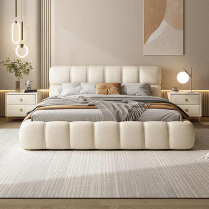 ADOUER WOOD "Luxurious Cream Cotton Upholstered Platform Bed with Tufted Headboard and Footboard"