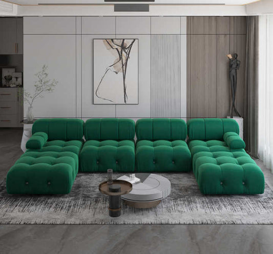 ADOUER WOOD "Luxurious Emerald Green U-Shaped Sectional Sofa with Tufted Cushions"