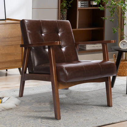 ADOUER WOOD Solid Sheesham Wood And Brown Leatherette Fabric Arm Chair