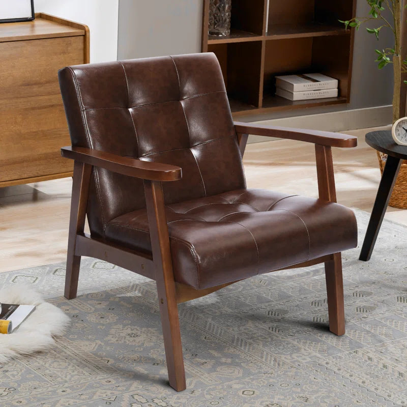 ADOUER WOOD Solid Sheesham Wood And Brown Leatherette Fabric Arm Chair