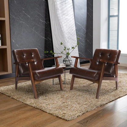 ADOUER WOOD Solid Sheesham Wood And Brown Leatherette Fabric Arm Chair