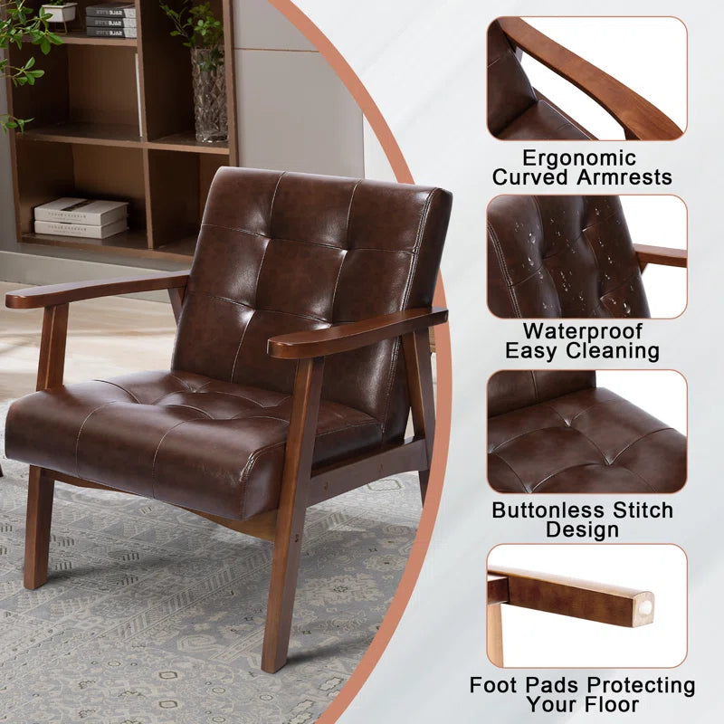 ADOUER WOOD Solid Sheesham Wood And Brown Leatherette Fabric Arm Chair